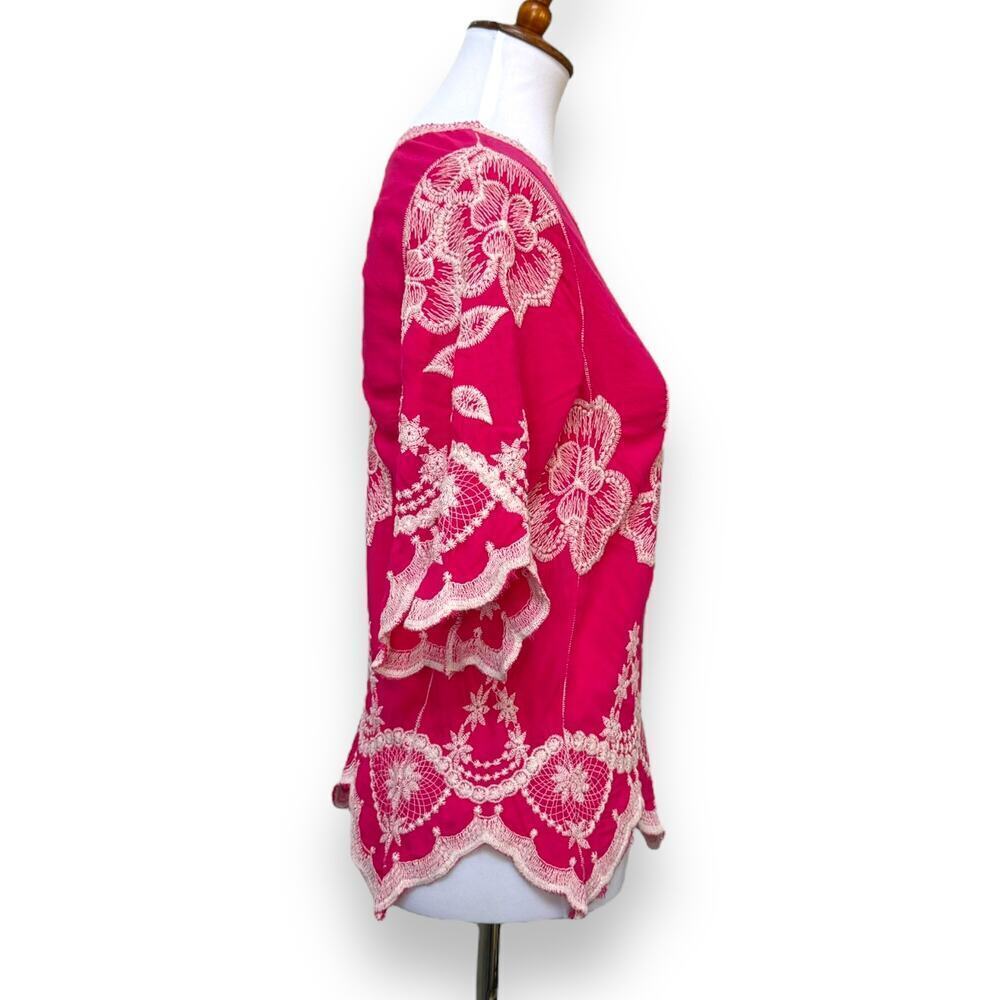 🍀Solitaire Embroidered Floral Bell Sleeve Peasant Boho Top Fuchsia Pink Womens S - Picture 6 of 11
